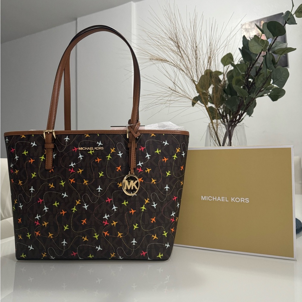 Michael Kors Red and Brown Tote Bag with Signature Charm